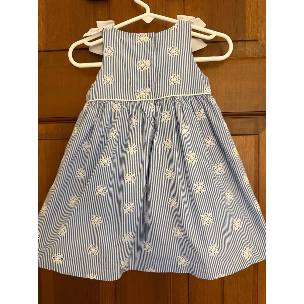 Gymboree Toddler Pinstriped Eyelet Dress Girls 18-24m‎ Blue Lined w/ Bow Accent
